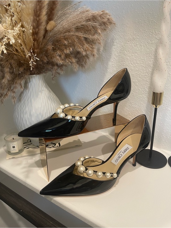 Jimmy Choo Shoes - Jimmy Choo Black Patent Leather Pearl-Strap Pointed Slingback Heels